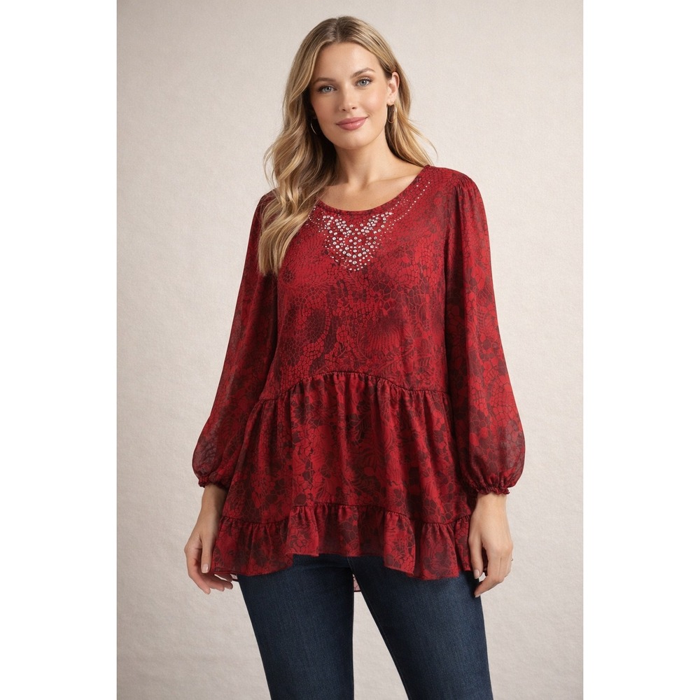 Closet Full Red Lace‎ Print Embellished Tiered Ruffle Peasant Tunic Top XL